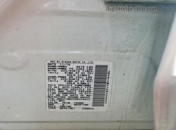 JN8AT2MV2HW254822 2017 NISSAN ROGUE White VIN კოდის სტიკერის ხედი