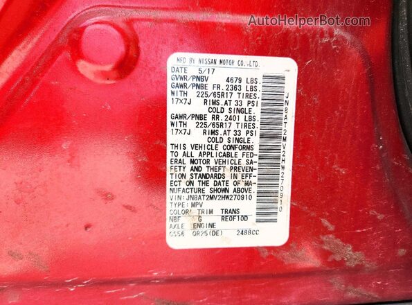 JN8AT2MV2HW270910 2017 NISSAN ROGUE Red 