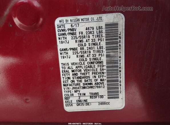 JN8AT2MV2HW278912 2017 NISSAN ROGUE Red Вид підкапотного простору