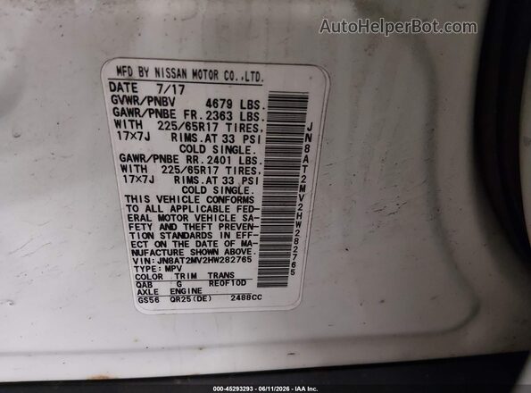 JN8AT2MV2HW282765 2017 NISSAN ROGUE White Вид підкапотного простору