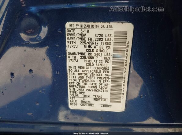 JN8AT2MV2JW347135 2018 NISSAN ROGUE Blue Widok komory silnika