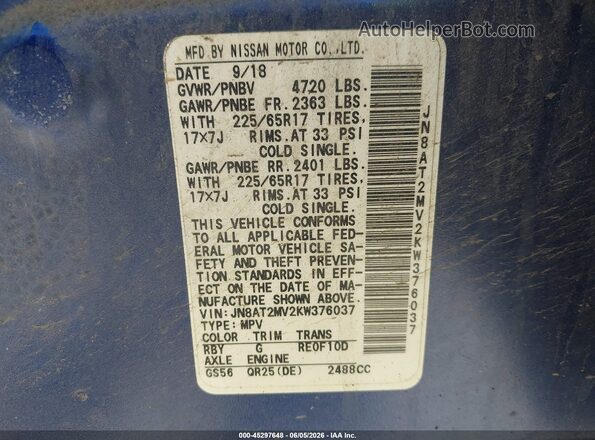 JN8AT2MV2KW376037 2019 NISSAN ROGUE Blue Engine compartment view