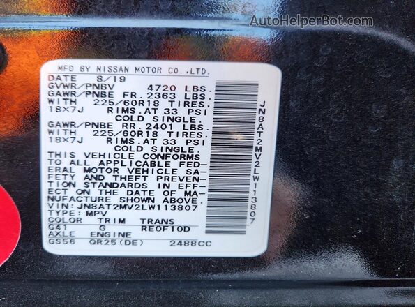JN8AT2MV2LW113807 2020 NISSAN ROGUE Black Widok naklejki z numerem VIN