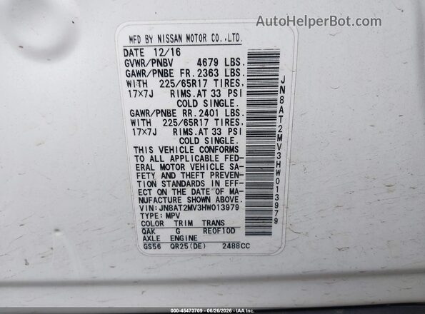 JN8AT2MV3HW013979 2017 NISSAN ROGUE White Engine compartment view
