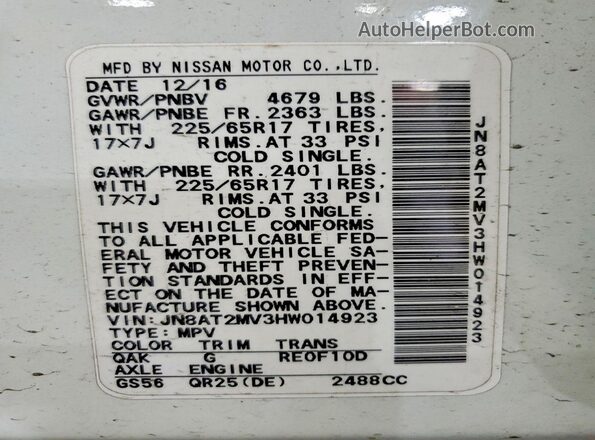 JN8AT2MV3HW014923 2017 NISSAN ROGUE Белый Вид наклейки с VIN-кодом