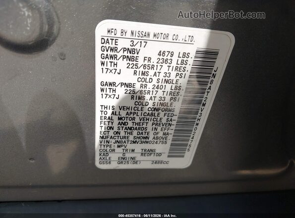 JN8AT2MV3HW024755 2017 NISSAN ROGUE Gray Engine compartment view