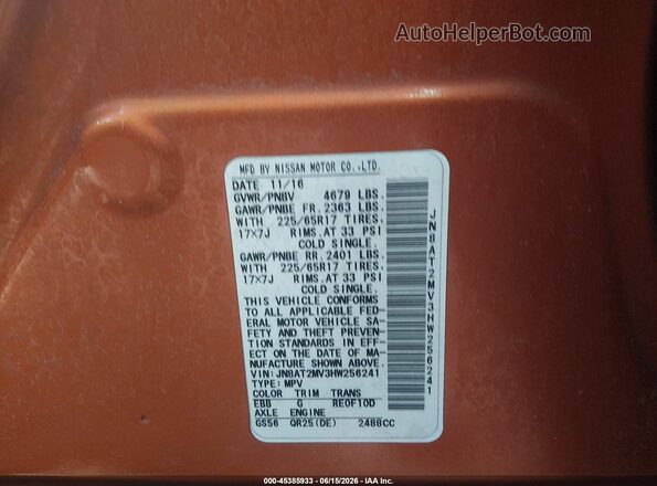 JN8AT2MV3HW256241 2017 NISSAN ROGUE Orange Widok komory silnika