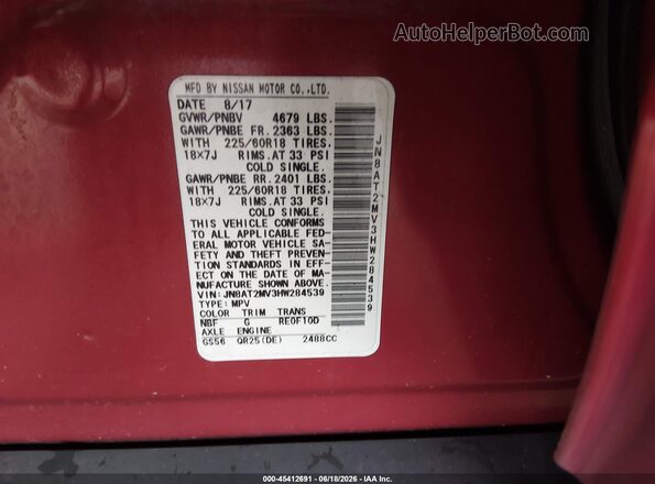 JN8AT2MV3HW284539 2017 NISSAN ROGUE Red Engine compartment view