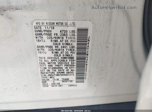 JN8AT2MV3KW387273 2019 NISSAN ROGUE White ძრავის განყოფილების ხედი