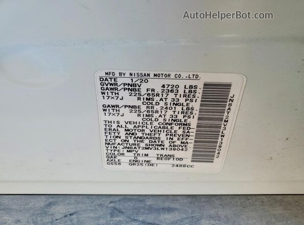 JN8AT2MV3LW139042 2020 NISSAN ROGUE Белый Вид наклейки с VIN-кодом