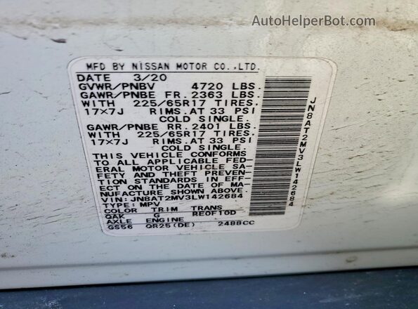 JN8AT2MV3LW142684 2020 NISSAN ROGUE Белый 