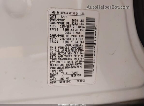 JN8AT2MV4GW147673 2016 NISSAN ROGUE White ძრავის განყოფილების ხედი