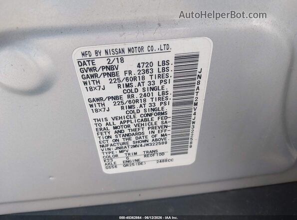 JN8AT2MV4JW322589 2018 NISSAN ROGUE Silver Vista del compartimento del motor