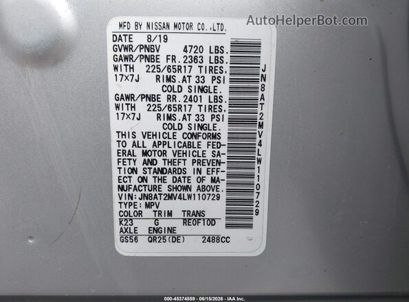 JN8AT2MV4LW110729 2020 NISSAN ROGUE Silver Widok komory silnika