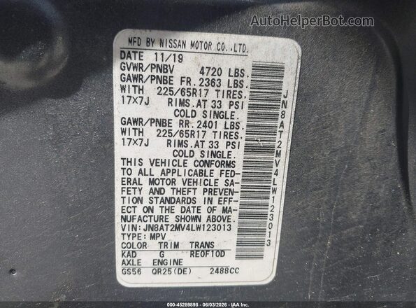 JN8AT2MV4LW123013 2020 NISSAN ROGUE Gray 