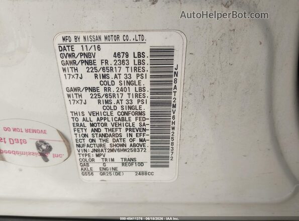 JN8AT2MV6HW258372 2017 NISSAN ROGUE Белый 