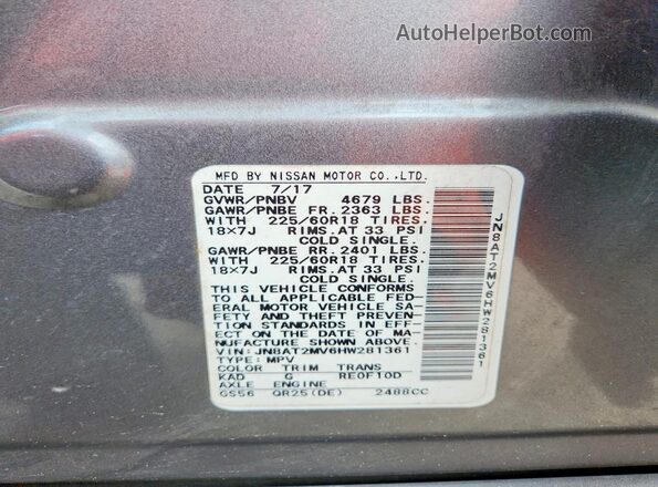 JN8AT2MV6HW281361 2017 NISSAN ROGUE Gray VIN sticker view