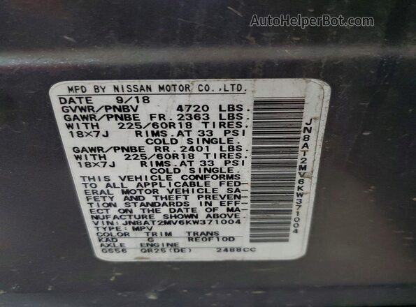 JN8AT2MV6KW371004 2019 NISSAN ROGUE Gray Вид наклейки з VIN-кодом