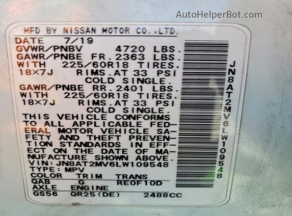 JN8AT2MV6LW109548 2020 NISSAN ROGUE White VIN sticker view