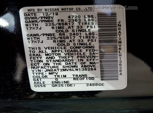 JN8AT2MV6LW136264 2020 NISSAN ROGUE Black Vista de la etiqueta del VIN