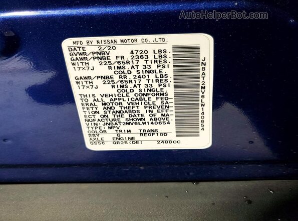 JN8AT2MV6LW140654 2020 NISSAN ROGUE Blue 