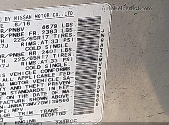 JN8AT2MV7GW139566 2016 NISSAN ROGUE Silver Widok komory silnika