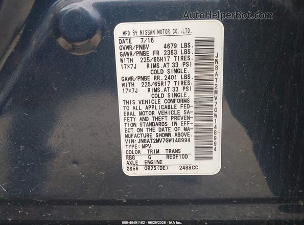 JN8AT2MV7GW148994 2016 NISSAN ROGUE Blue Շարժիչի բաժամունքի տեսք