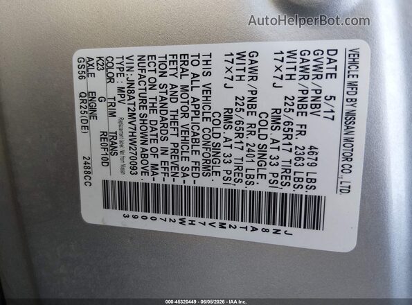 JN8AT2MV7HW270093 2017 NISSAN ROGUE Silver Widok komory silnika