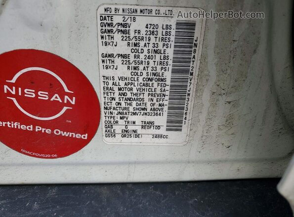 JN8AT2MV7JW323641 2018 NISSAN ROGUE White Вид наклейки з VIN-кодом