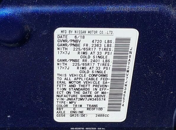 JN8AT2MV7JW345574 2018 NISSAN ROGUE Blue 