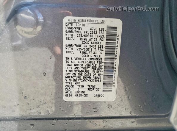 JN8AT2MV7KW379063 2019 NISSAN ROGUE Gray VIN կոդի պիտակի տեսք