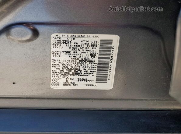 JN8AT2MV7KW400719 2019 NISSAN ROGUE Charcoal VIN կոդի պիտակի տեսք