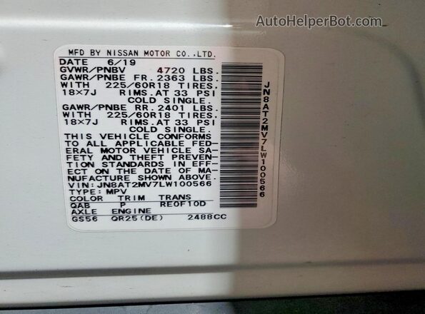 JN8AT2MV7LW100566 2020 NISSAN ROGUE White 