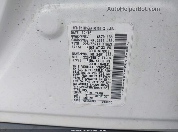 JN8AT2MV8HW011502 2017 NISSAN ROGUE White Engine compartment view