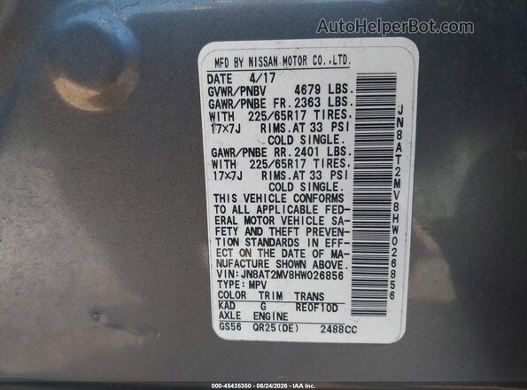 JN8AT2MV8HW026856 2017 NISSAN ROGUE Gray Vista del compartimento del motor