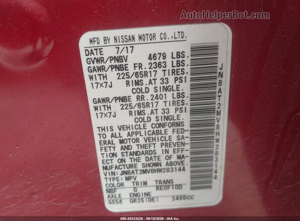 JN8AT2MV8HW283144 2017 NISSAN ROGUE Red Շարժիչի բաժամունքի տեսք