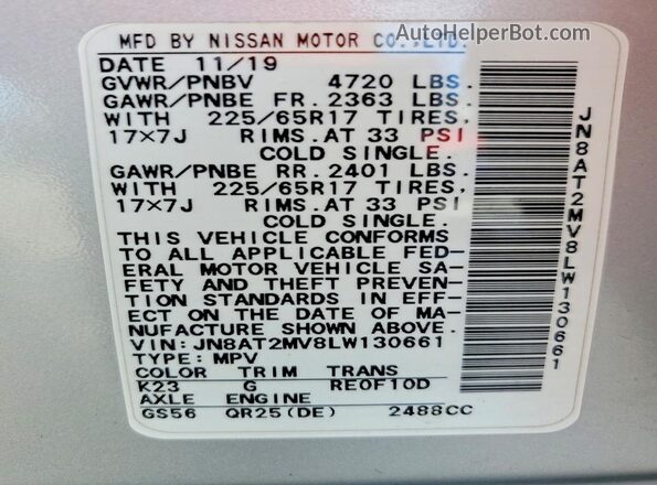 JN8AT2MV8LW130661 2020 NISSAN ROGUE Silver VIN sticker view