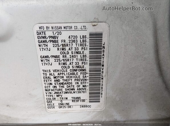 JN8AT2MV8LW139781 2020 NISSAN ROGUE White ძრავის განყოფილების ხედი