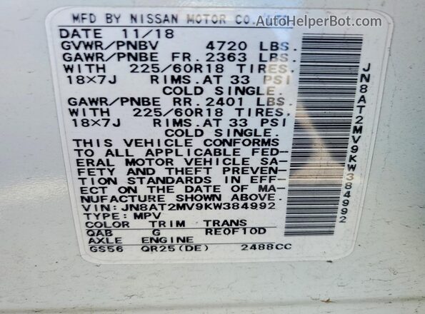 JN8AT2MV9KW384992 2019 NISSAN ROGUE White 