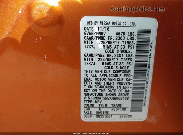 JN8AT2MVXHW008438 2017 NISSAN ROGUE Orange Vista del compartimento del motor