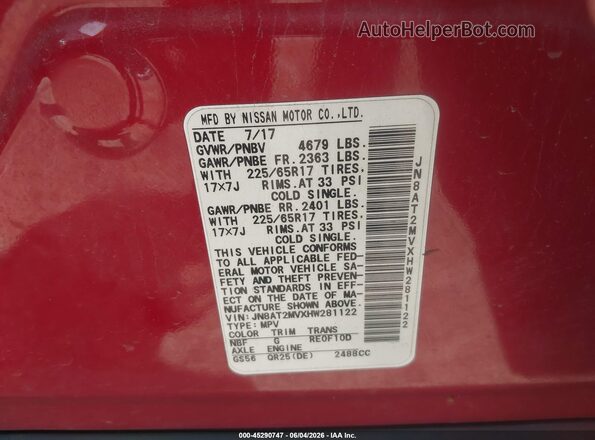 JN8AT2MVXHW281122 2017 NISSAN ROGUE Red Engine compartment view