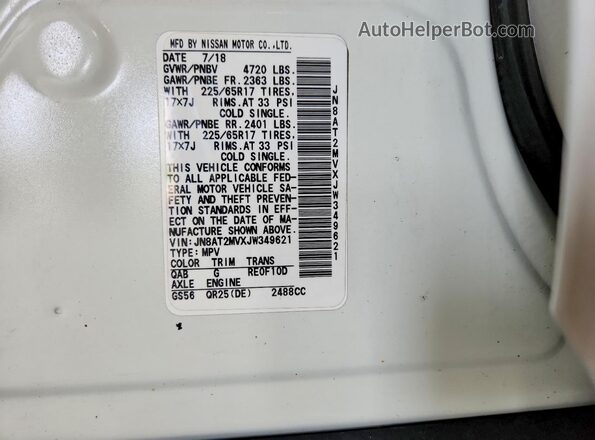 JN8AT2MVXJW349621 2018 NISSAN ROGUE White Vista de la etiqueta del VIN