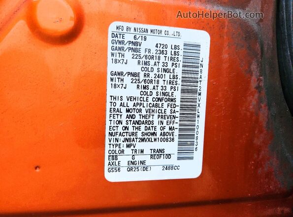 JN8AT2MVXLW100836 2020 NISSAN ROGUE Orange Widok naklejki z numerem VIN