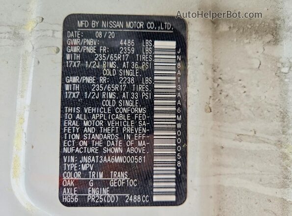 JN8AT3AA6MW000581 2021 NISSAN ROGUE White Панорамний вид салону 360°