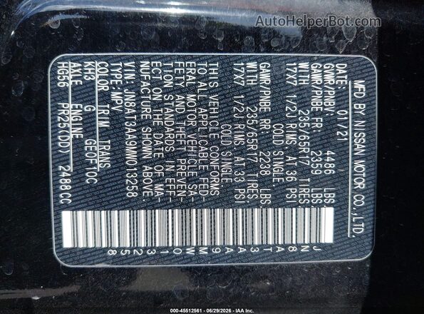 JN8AT3AA9MW013258 2021 NISSAN ROGUE Black Вид підкапотного простору