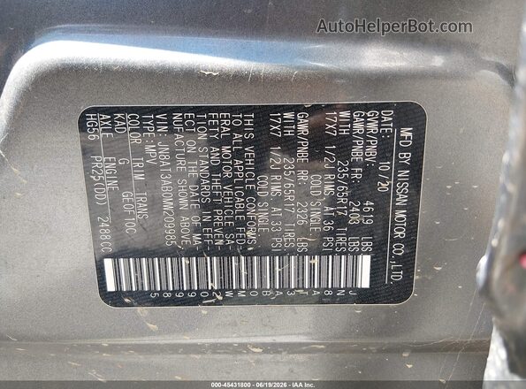 JN8AT3AB0MW209985 2021 NISSAN ROGUE Gray Շարժիչի բաժամունքի տեսք