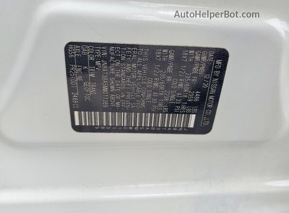 JN8AT3BA5MW011389 2021 NISSAN ROGUE White VIN კოდის სტიკერის ხედი