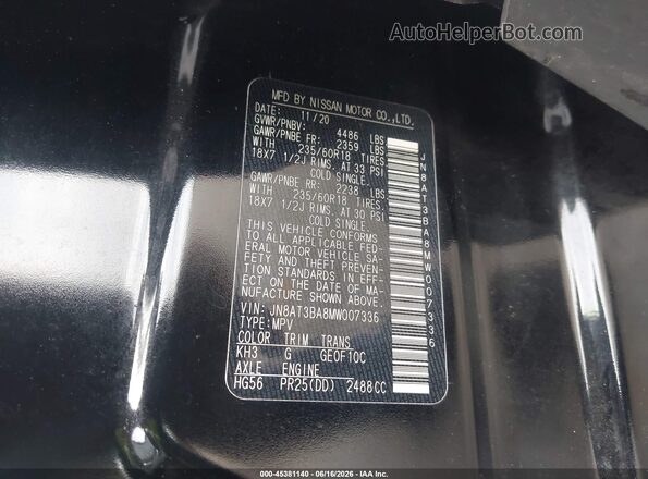 JN8AT3BA8MW007336 2021 NISSAN ROGUE Black Engine compartment view