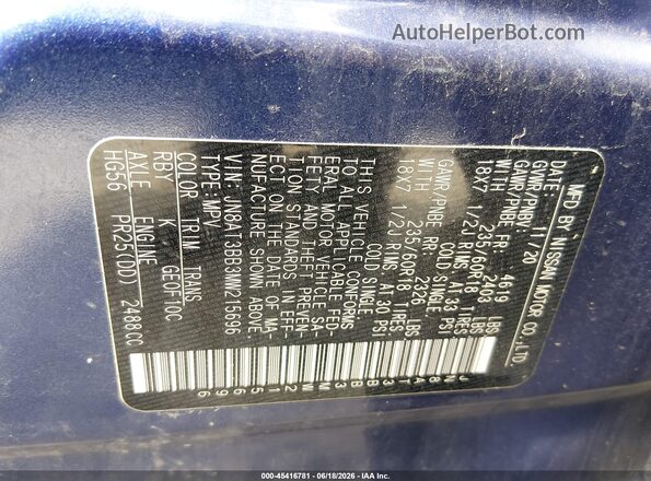 JN8AT3BB3MW215696 2021 NISSAN ROGUE Blue Շարժիչի բաժամունքի տեսք