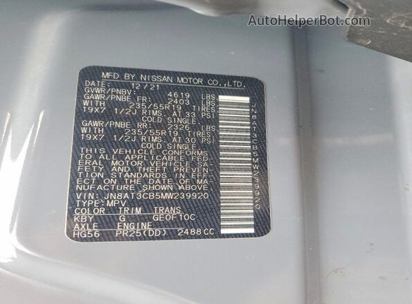 JN8AT3CB5MW239920 2021 NISSAN ROGUE Silver Widok naklejki z numerem VIN